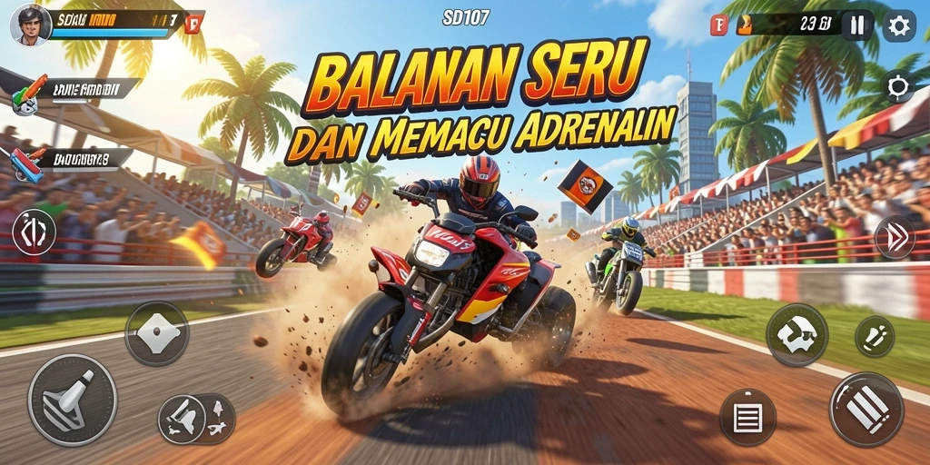 Tangkapan layar SD107 menampilkan balapan intens dengan berbagai mobil dan trek menarik.
