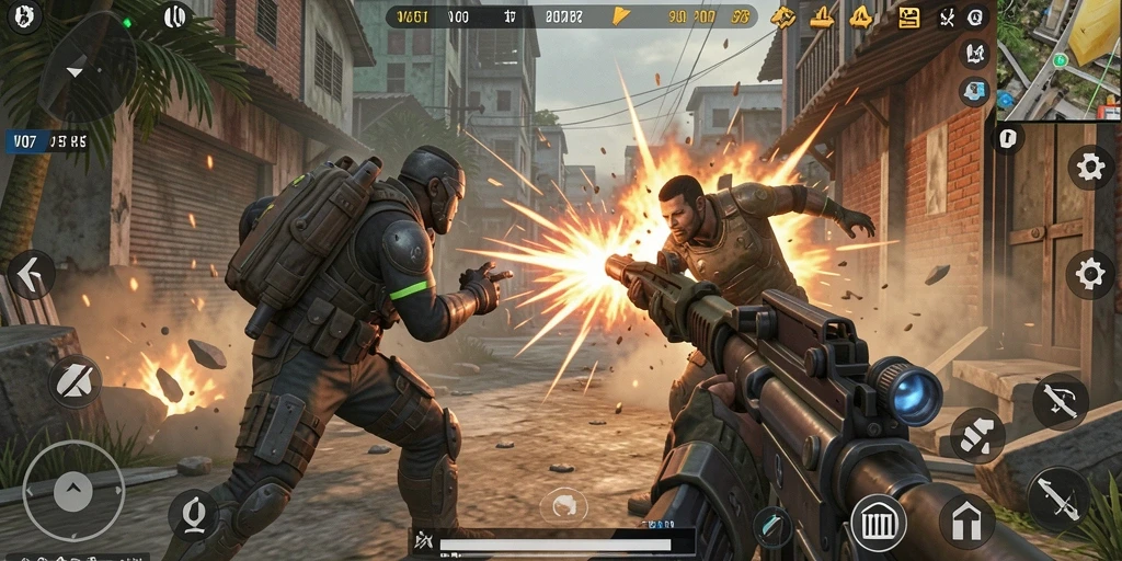 Screenshot utama V07 menampilkan aksi seru dalam pertarungan TPS.