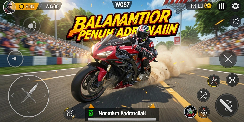 Screenshot gameplay WG87 menunjukkan aksi balapan motor yang intens.